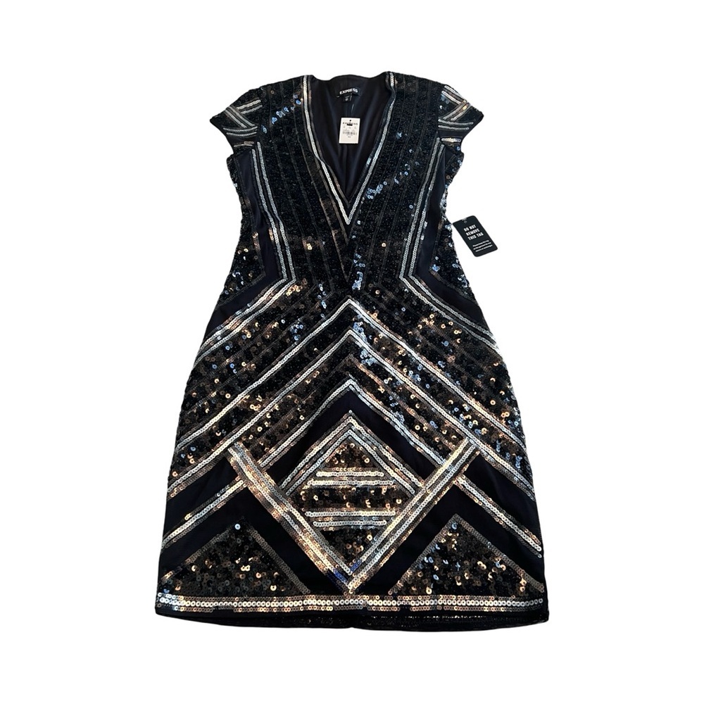 Express Womens Black‎ Silver Sequin Geometric V-Neck Cocktail Dress XS New Tag